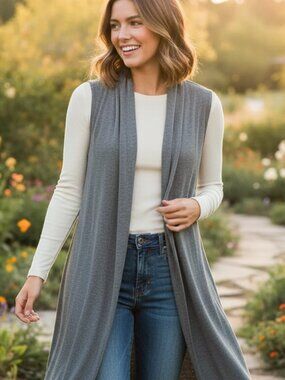 Joseph A Women's M Gray Cardigan Vest Duster Open Rayon Boho Chic Minimalist